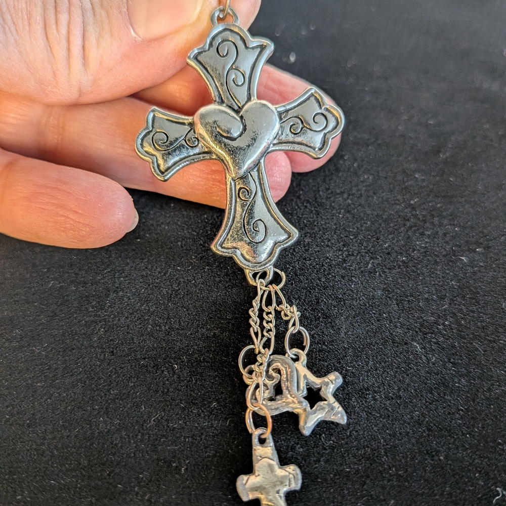 Brighton Silver Tone Cross Pendant with Heart and Dangle Charms